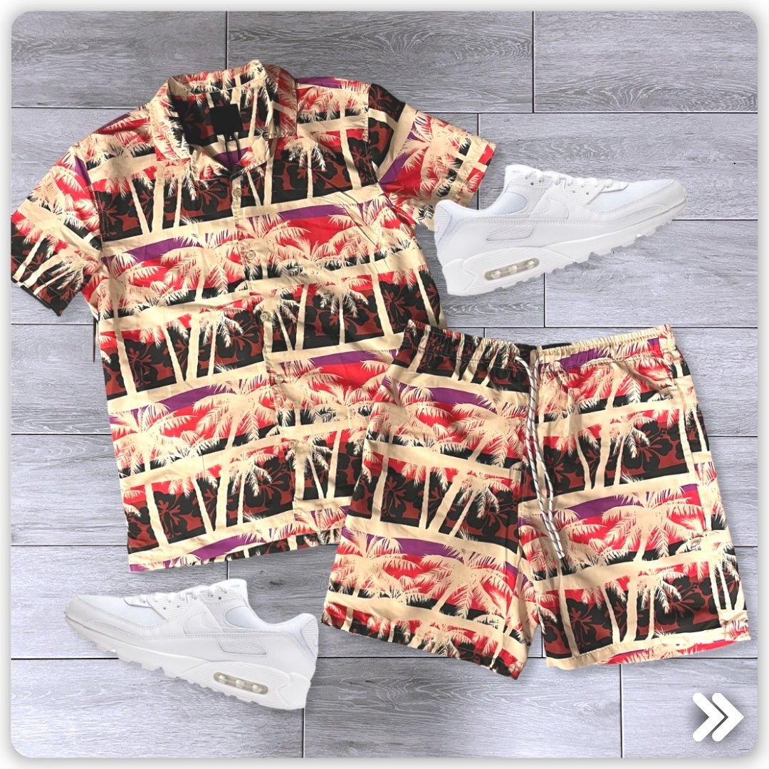 Red and Orange Button Up Tropical Top and Shorts Drop - Zamage