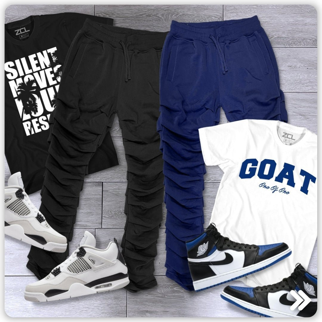 Stacked Sweat Pant Restock: Black and New Navy Color Way