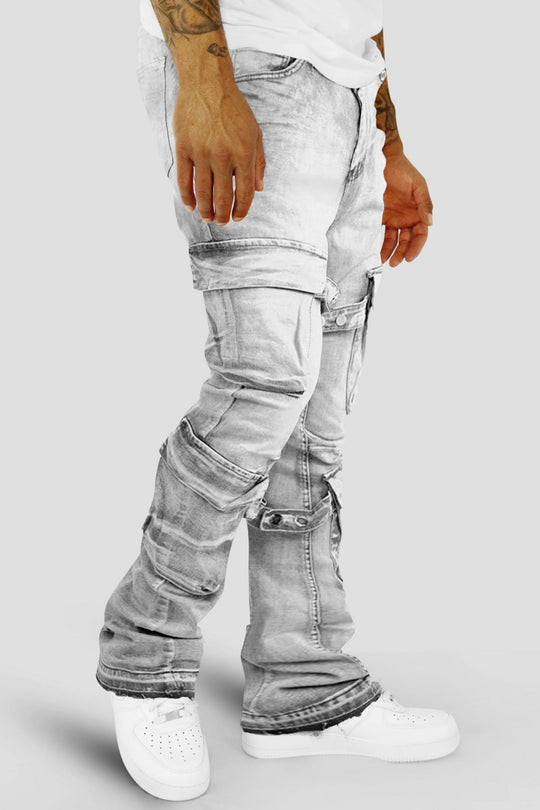 Buckled Cargo Stacked Denim (Grey Wash) - Zamage