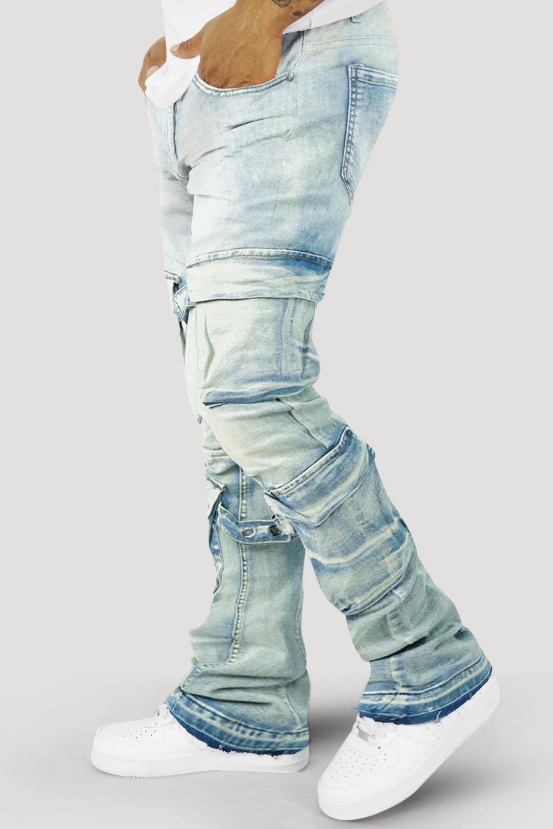 Buckled Cargo Stacked Denim (Light Blue Wash) - Zamage