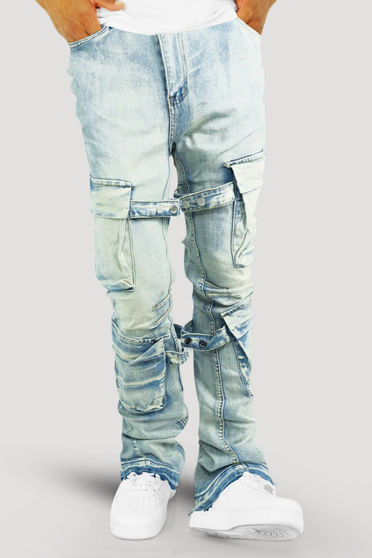 Buckled Cargo Stacked Denim (Light Blue Wash) - Zamage
