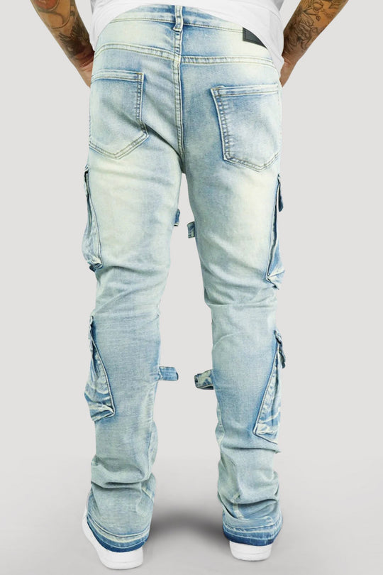 Buckled Cargo Stacked Denim (Light Blue Wash) - Zamage