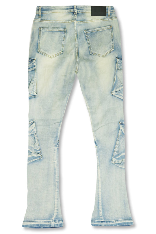 Buckled Cargo Stacked Denim (Light Blue Wash) - Zamage