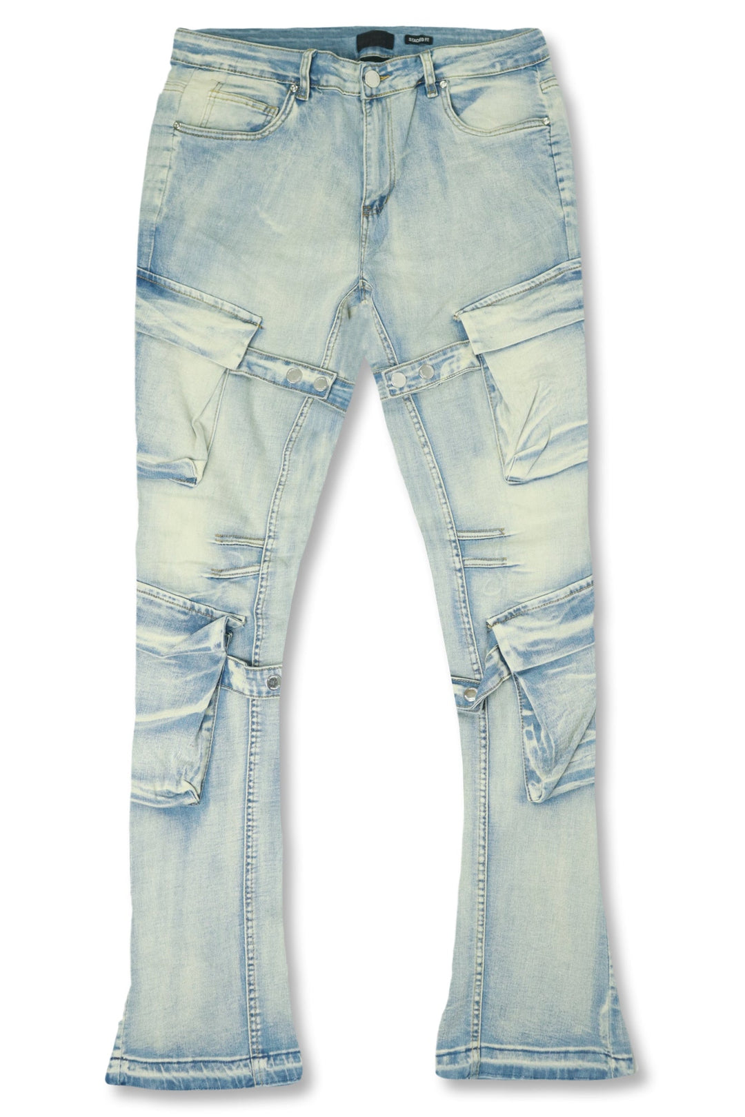 Buckled Cargo Stacked Denim (Light Blue Wash) - Zamage