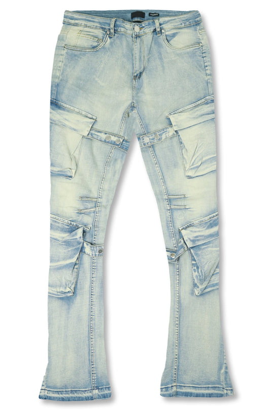 Buckled Cargo Stacked Denim (Light Blue Wash) - Zamage