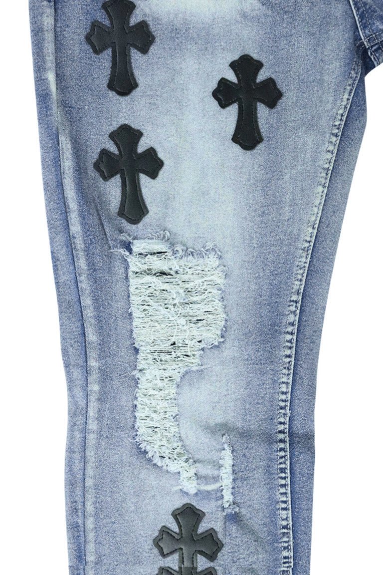 Crossed Patched Denim (Blue Wash) - Zamage