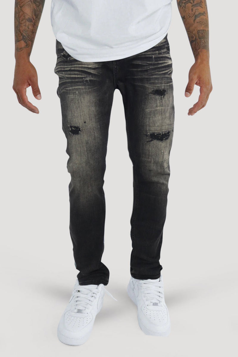 Distressed Slim Fit Denim (Black Wash) (M8344D) - Zamage