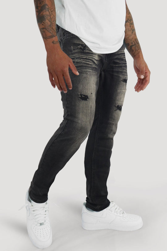 Distressed Slim Fit Denim (Black Wash) (M8344D) - Zamage