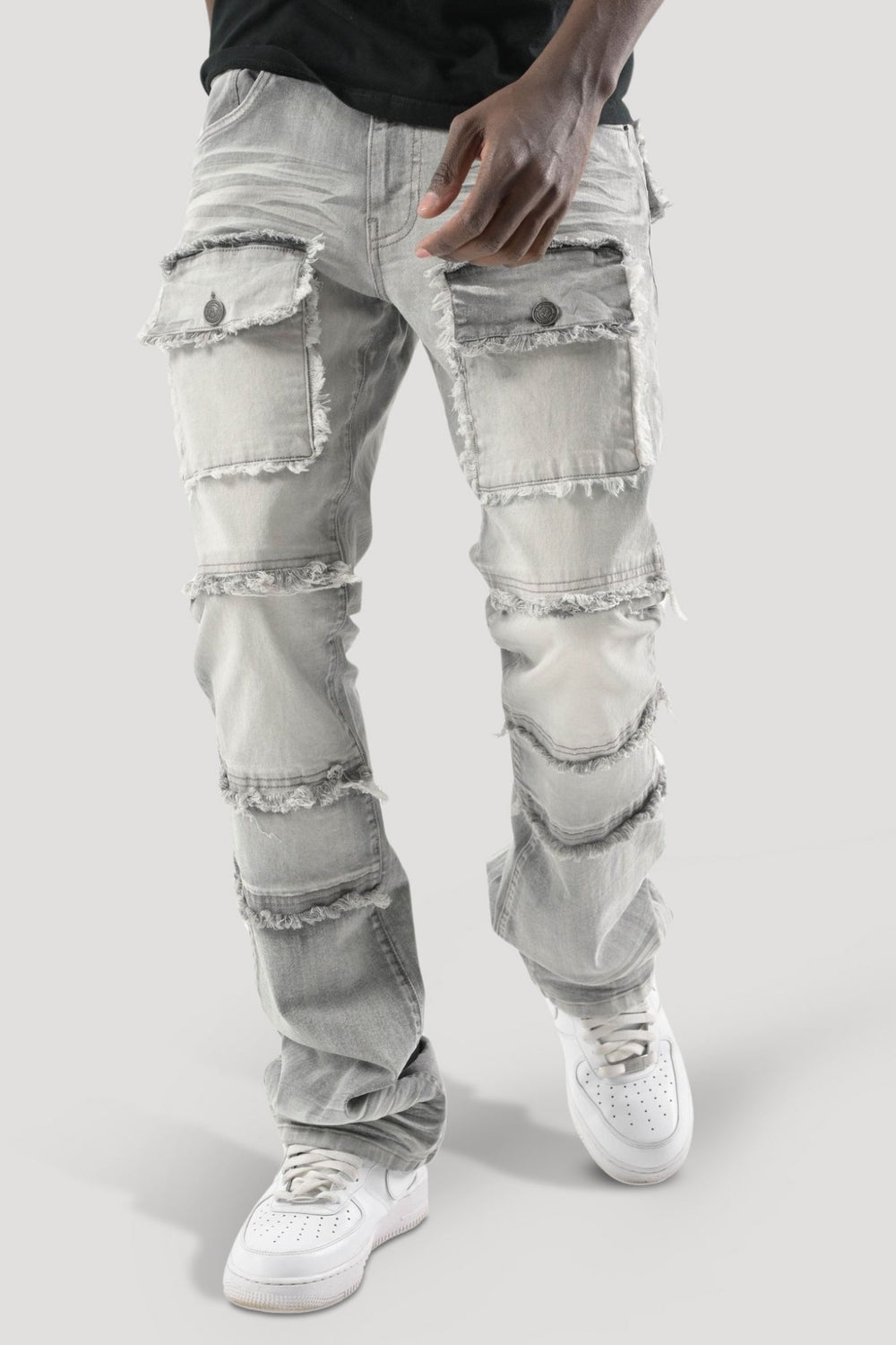 Frayed Multi Pocket Stacked Denim (Grey) (S3020P) - Zamage