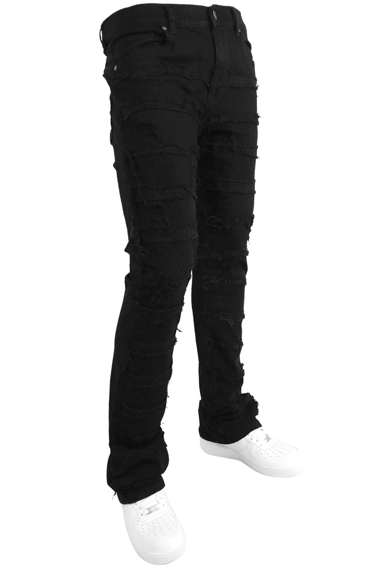 Line Shredded Stacked Denim (Jet Black) - Zamage