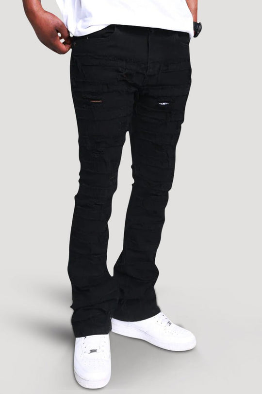 Line Shredded Stacked Denim (Jet Black) - Zamage