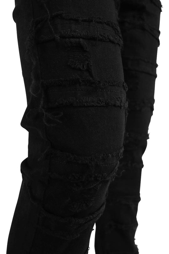 Line Shredded Stacked Denim (Jet Black) - Zamage