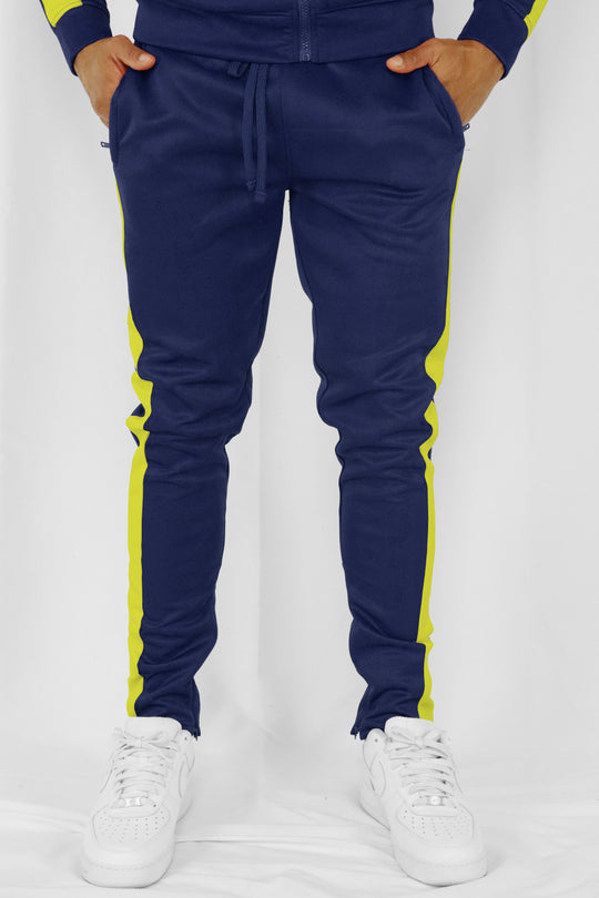 Outside Solid One Stripe Track Pants (Navy - Neon Yellow) - Zamage