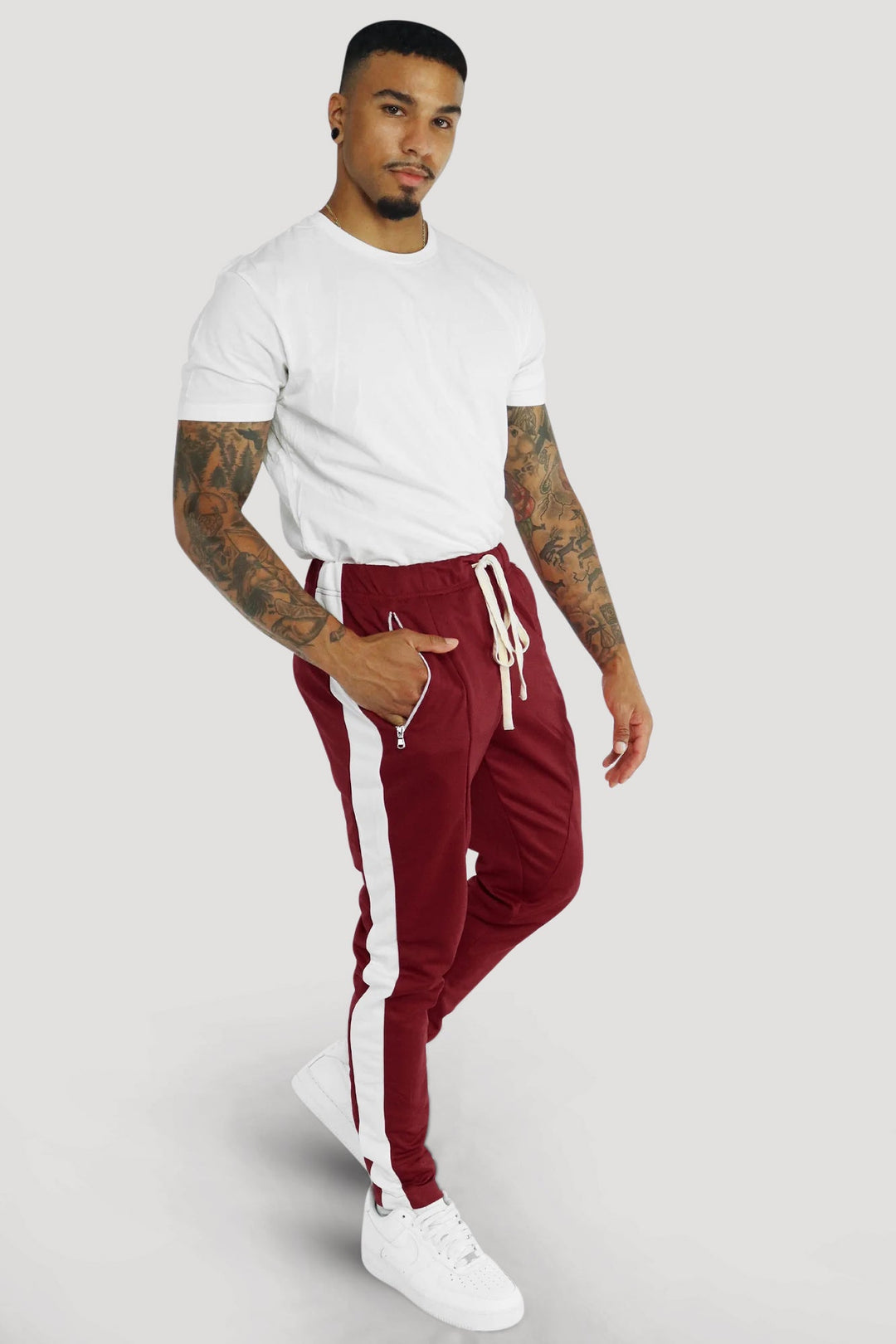 Premium Side Stripe Zip Pocket Track Pants (Burgundy - White) - Zamage