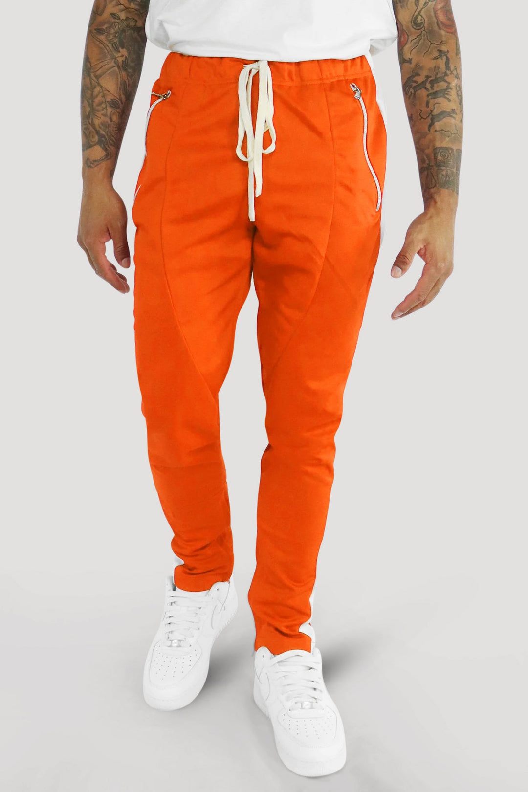 Premium Side Stripe Zip Pocket Track Pants (Orange - White) - Zamage