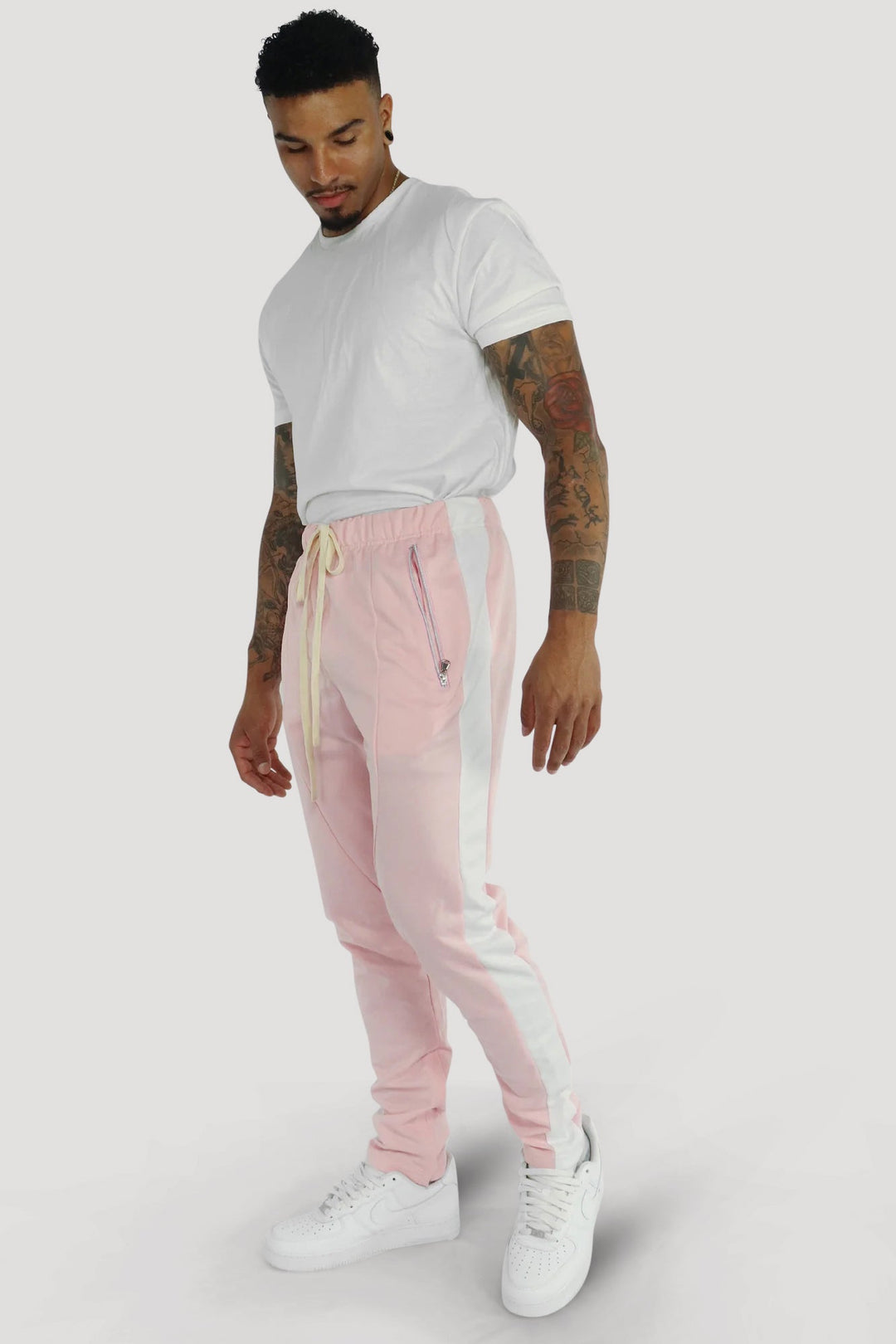 Premium Side Stripe Zip Pocket Track Pants (Pink - White) - Zamage