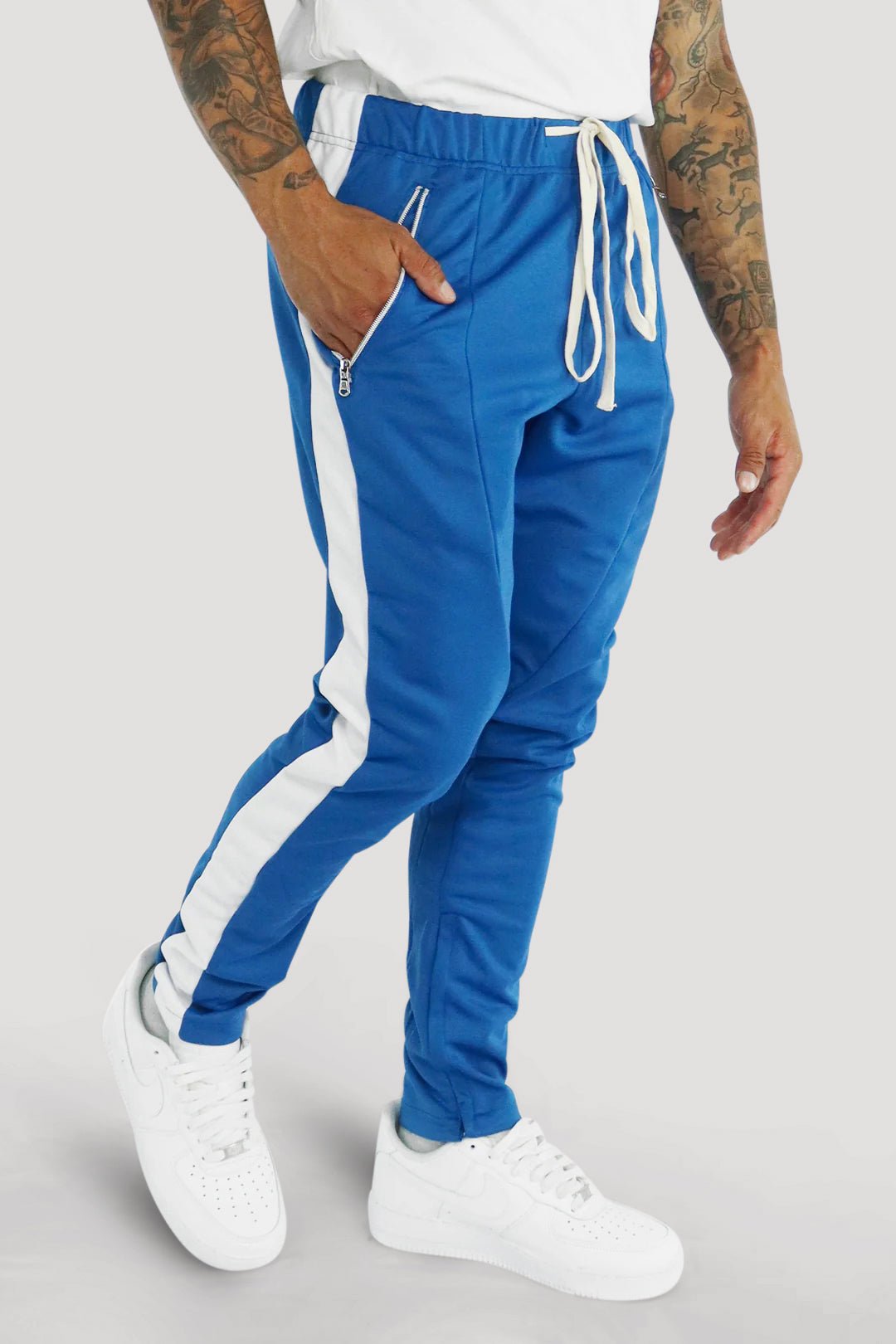 Premium Side Stripe Zip Pocket Track Pants (Royal Blue - White