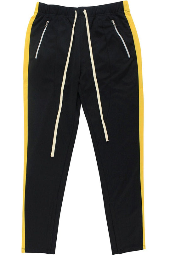 Premium Side Stripe Zip Pocket Track Pants (Black - Yellow) - Zamage