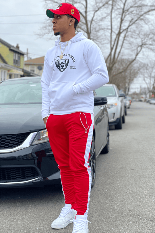 Premium Side Stripe Zip Pocket Track Pants (Red - White) - Zamage