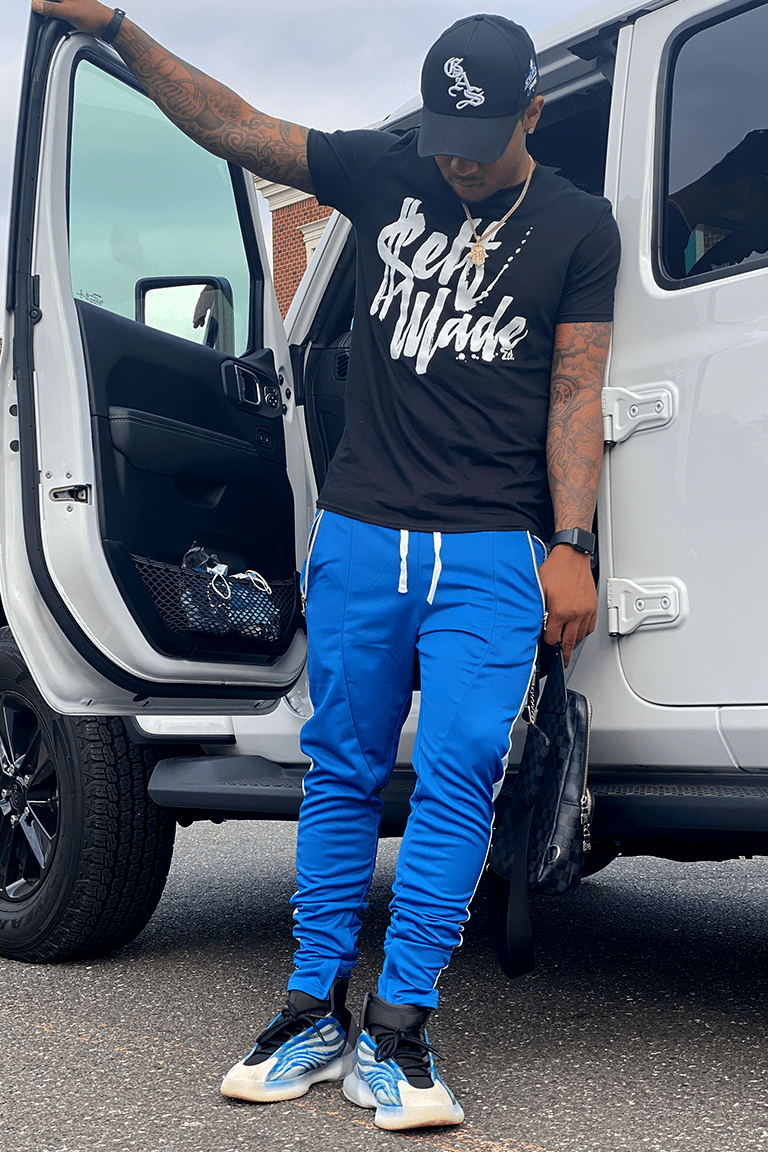 Premium Side Stripe Zip Pocket Track Pants (Royal Blue - White) - Zamage