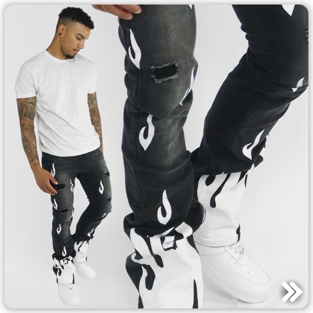 Ignite Your Style with Zamage's Rising Flame Stacked Denim