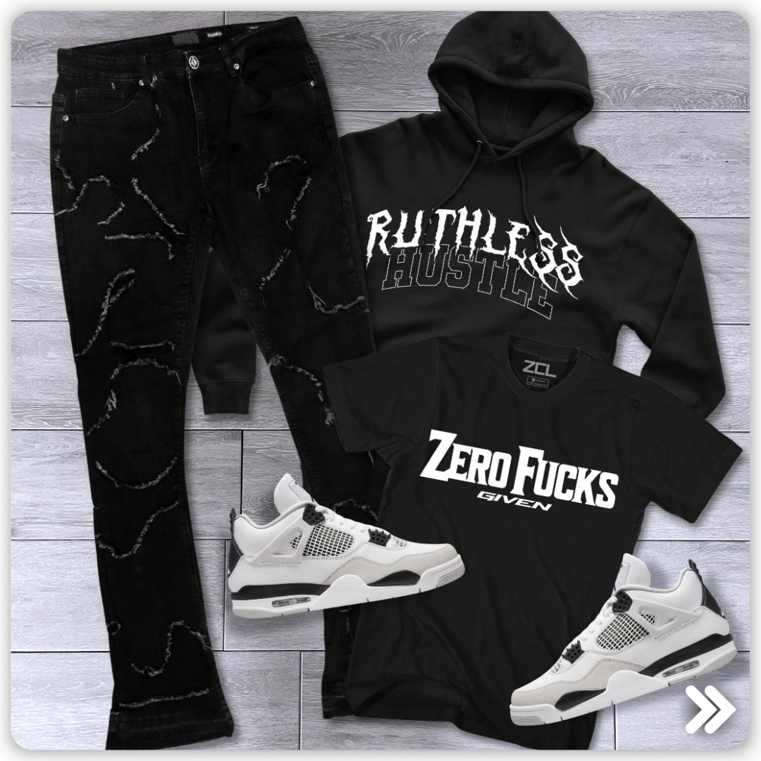 Rock Your Style with Zamage's Stacked Black Distressed Denim and Rocker Graphics