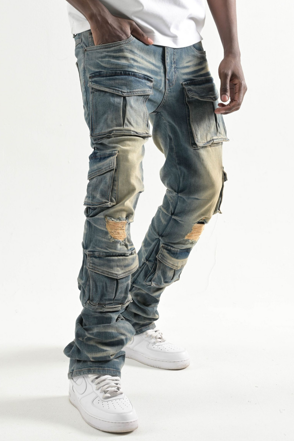 Multi Pocket Stretch Stacked Denim (Indigo) (T4111)