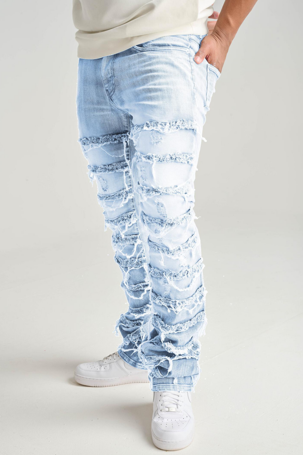Distressed Layered Stacked Denim (Light Blue) (S3016)