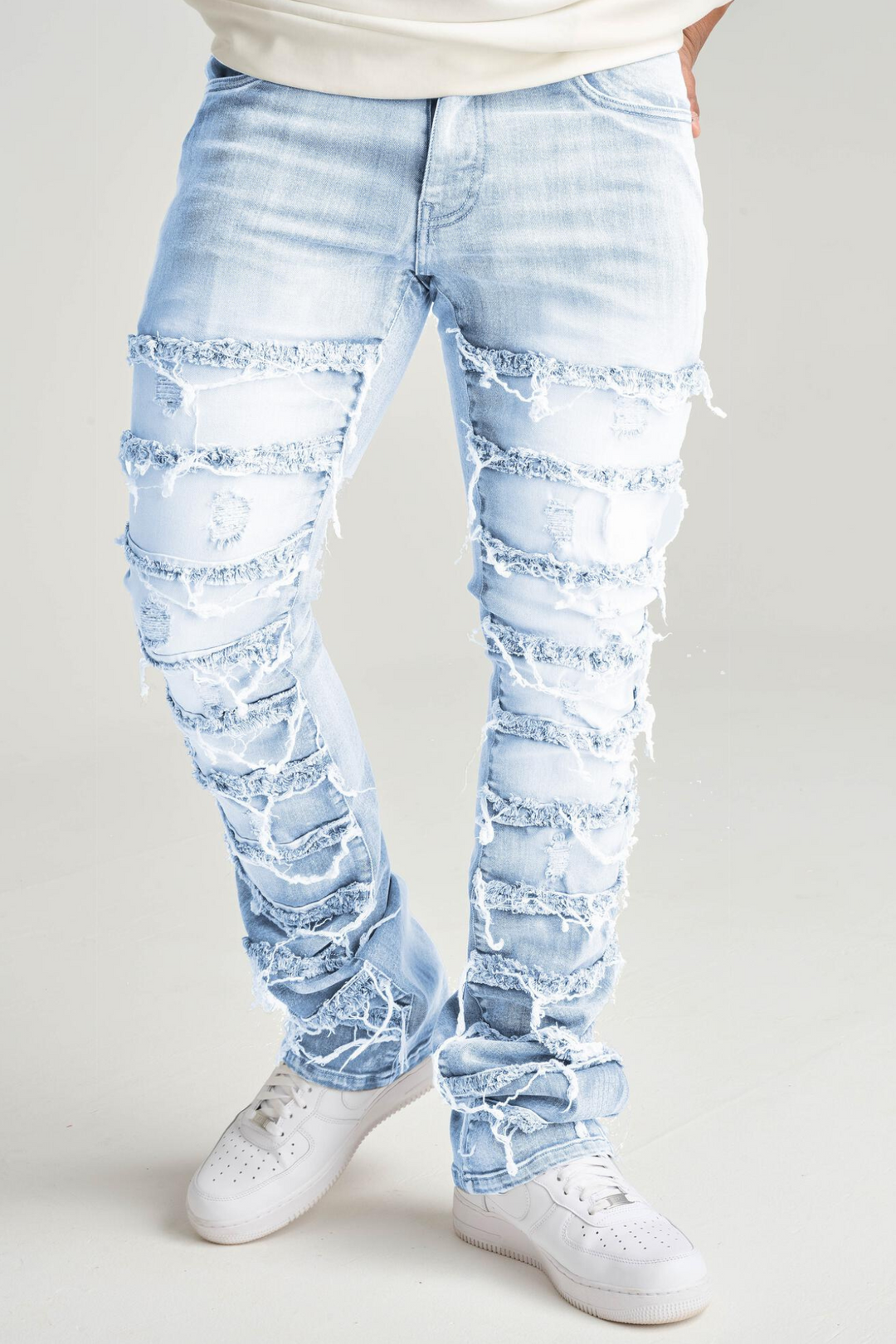 Distressed Layered Stacked Denim (Light Blue) (S3016)
