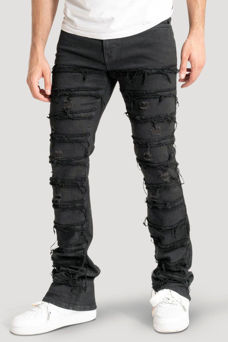 Distressed Layered Stacked Denim (Jet Black) (S3016)