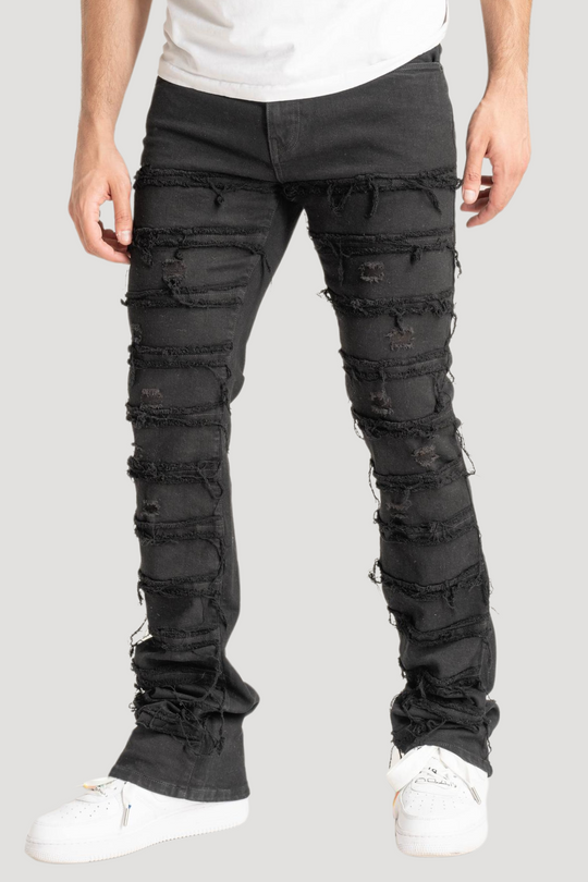 Distressed Layered Stacked Denim (Jet Black) (S3016) - Zamage