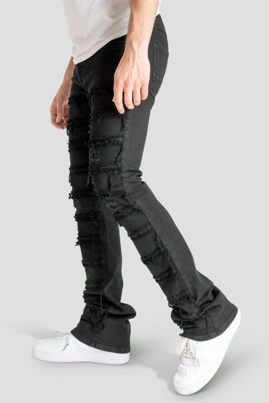 Distressed Layered Stacked Denim (Jet Black) (S3016)