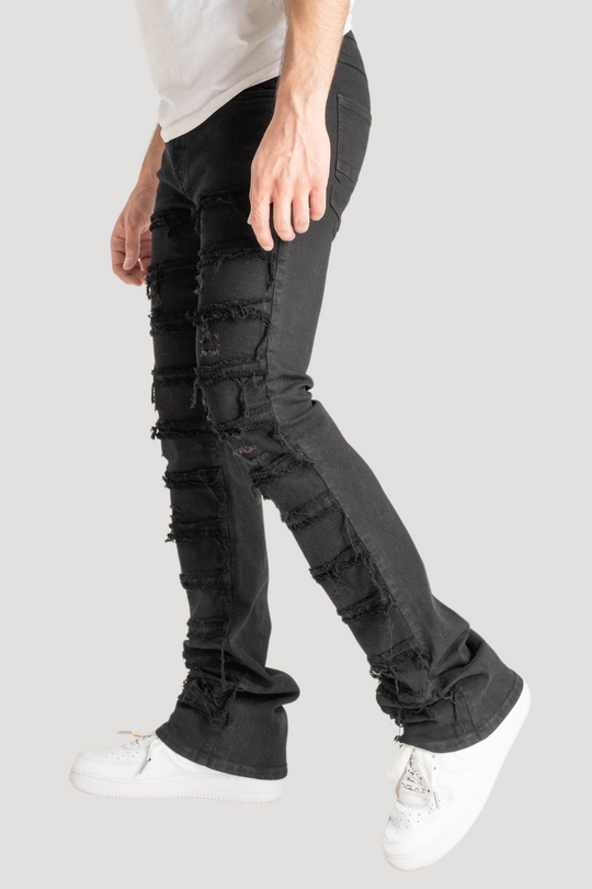 Distressed Layered Stacked Denim (Jet Black) (S3016) - Zamage