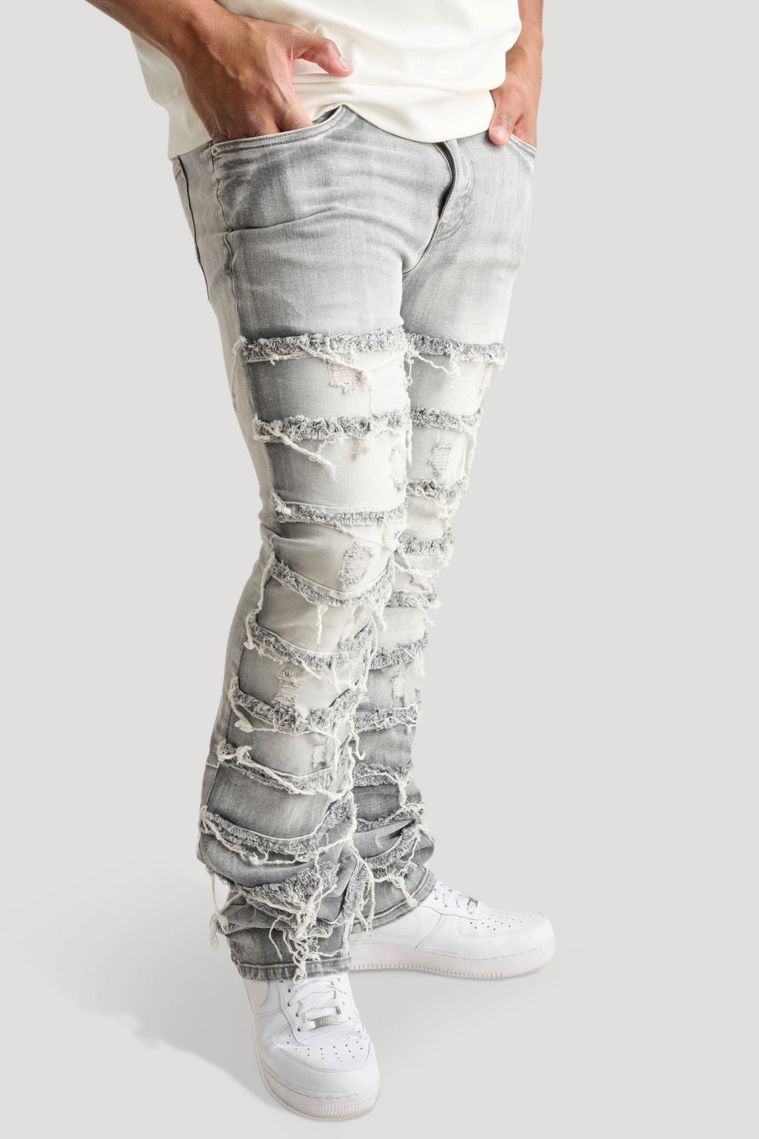 Distressed Layered Stacked Denim (Grey) (S3016)