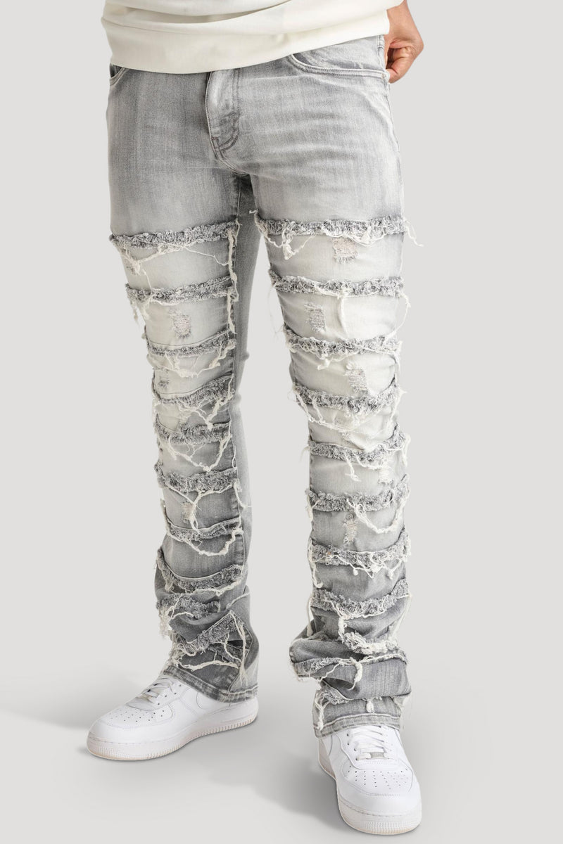 Distressed Layered Stacked Denim (Grey) (S3016)