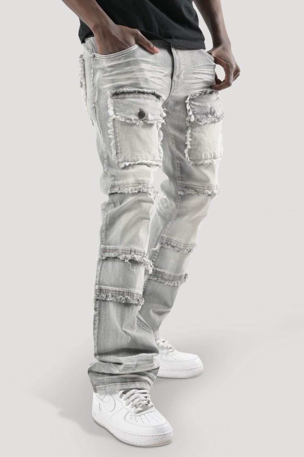 Frayed Multi Pocket Stacked Denim (Grey) (S3020P)