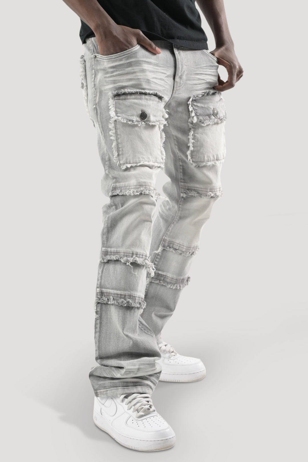 Frayed Multi Pocket Stacked Denim (Grey) (S3020P)