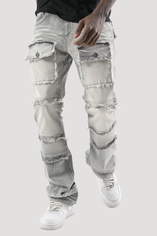 Frayed Multi Pocket Stacked Denim (Grey) (S3020P) - Zamage