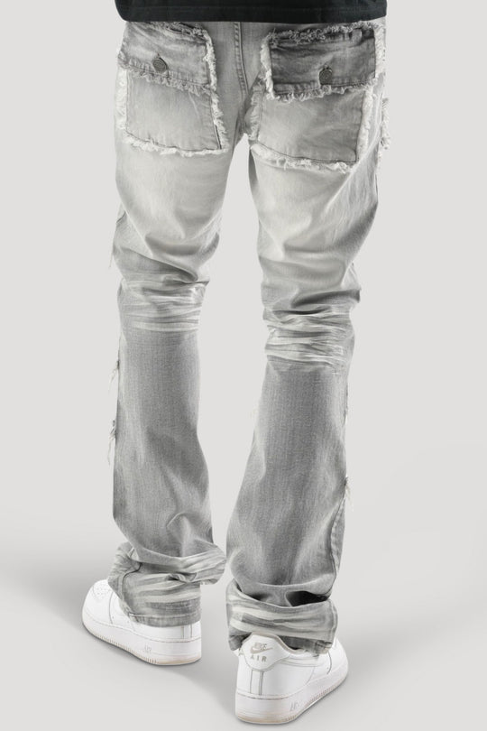 Frayed Multi Pocket Stacked Denim (Grey) (S3020P)