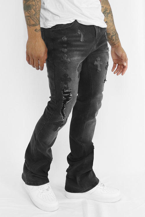 Crossed Patched Super Stacked Denim (Black Wash) - Zamage