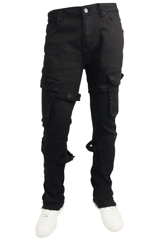 Buckled Cargo Stacked Denim (Jet Black)