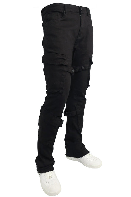 Buckled Cargo Stacked Denim (Jet Black)