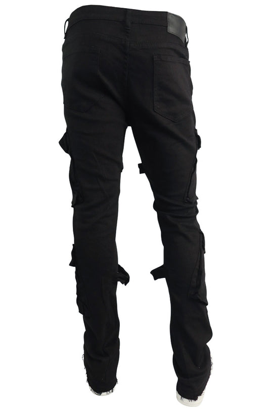 Buckled Cargo Stacked Denim (Jet Black)