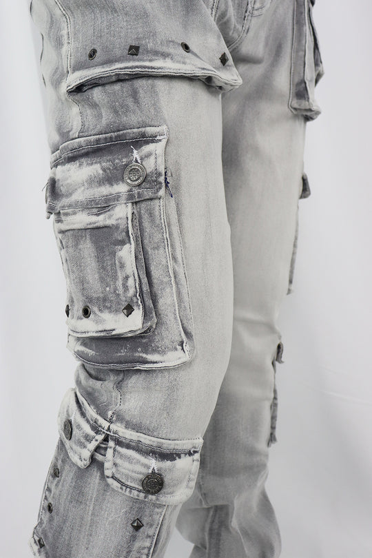 Loaded Multi Pocket Cargo Stacked Denim (Grey) (T4114)