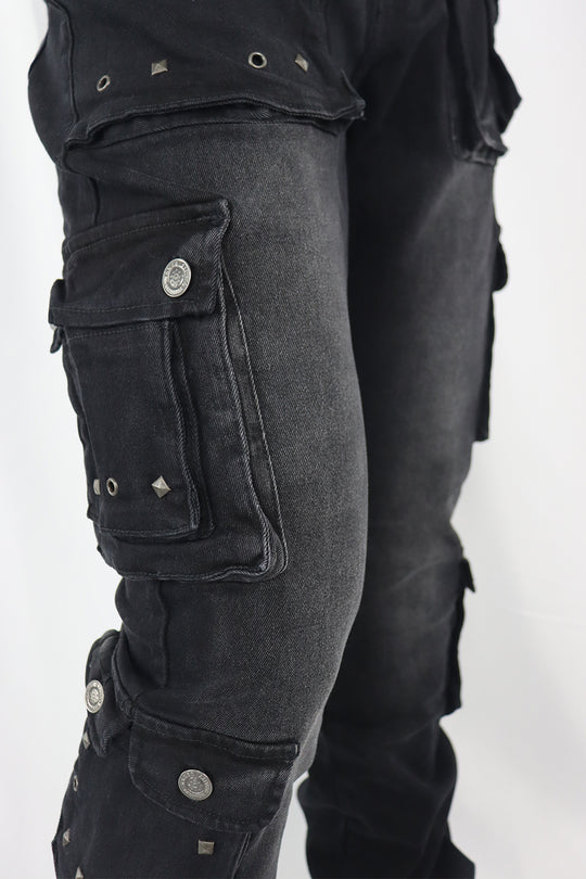 Loaded Multi Pocket Cargo Stacked Denim (Black Ash) (T4114)