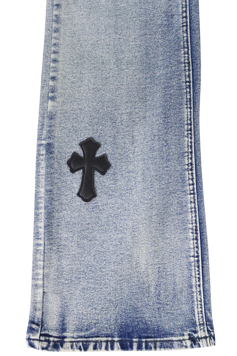 Crossed Patched Stacked Denim (Blue Wash) - Zamage
