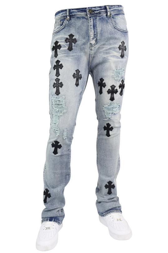 Crossed Patched Stacked Denim (Blue Wash) - Zamage