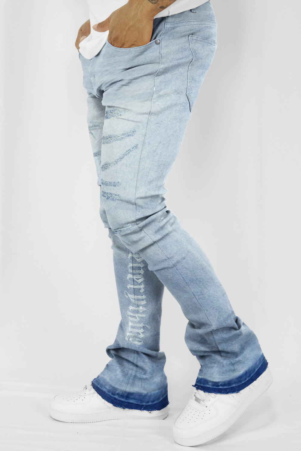 Loyalty Over Everything Stacked Denim (Bleach Wash)