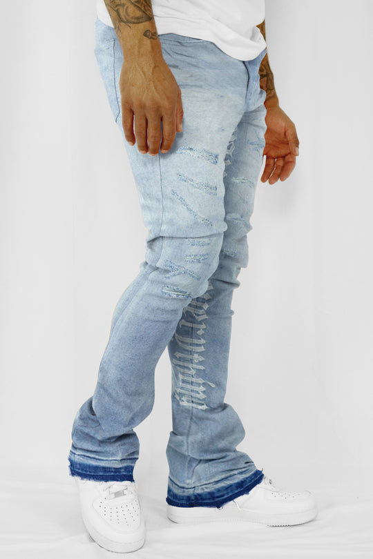 Loyalty Over Everything Stacked Denim (Bleach Wash)