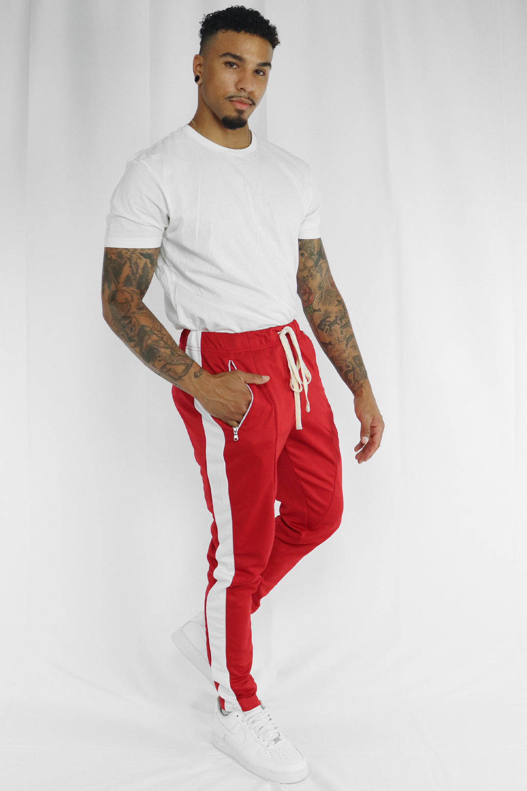 Premium Side Stripe Zip Pocket Track Pants (Red-White) - Zamage